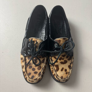 Sebago Docksides Boat Shoes Size 7 Brown Leopard Print Black